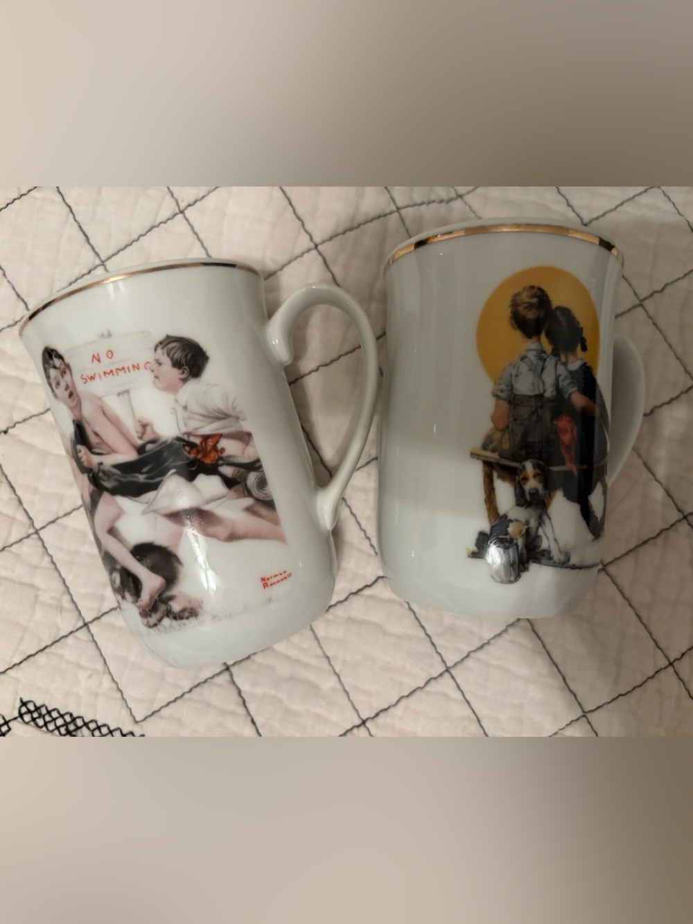 2 Vintage White Porcelain Norman Rockwell with Gold Trim (Set of 2) cups